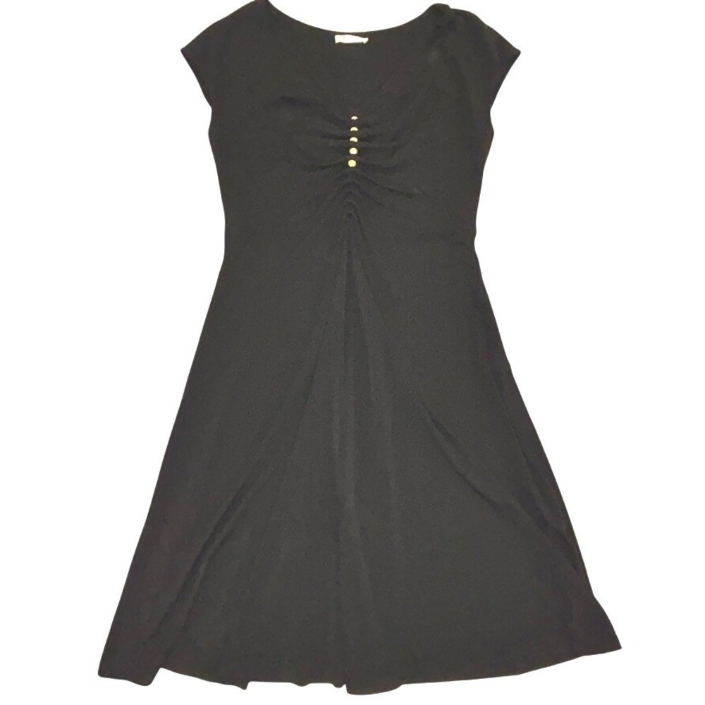 Paule Ka Black Ruched A-Line Dress w/ Gold Buttons – US 6